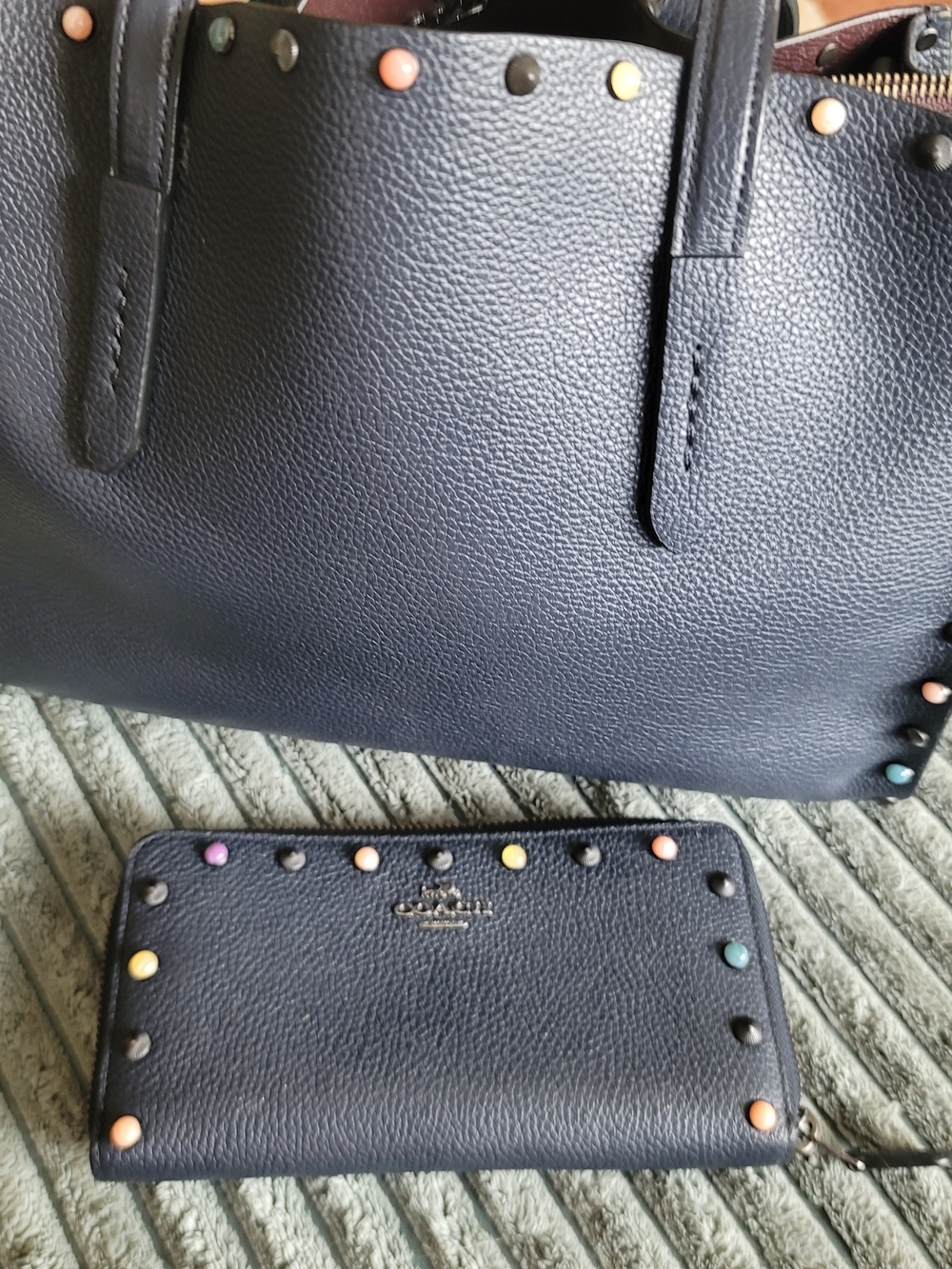Coach CHARLIE Pebbled Leather Tote with Stone Stud Accents W/ Wristlet - Navy - Picture 3 of 6